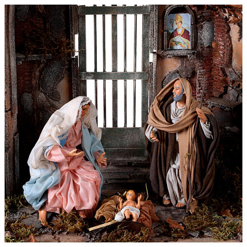 Temple with portal and 20 cm terracotta Nativity Scene, 45x50x55 cm 2