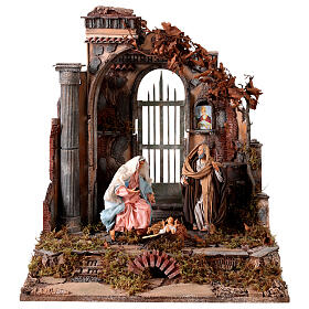 Temple with Portal and Neapolitan Nativity in terracotta, 20 cm figures, 45x49x54 cm
