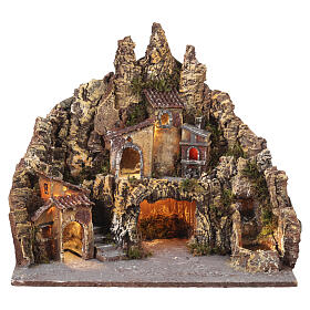 Pueblo 45x35x40 cm iluminado con horno y cascada belén napolitano de 6-8 cm