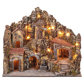 Pueblo 60x35x50 cm Iluminado con horno molino y fuente belén napolitano de 8-10 cm,