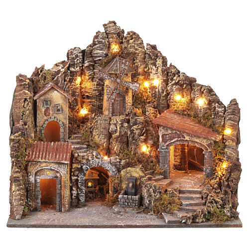 Pueblo 60x35x50 cm Iluminado con horno molino y fuente belén napolitano de 8-10 cm, 1
