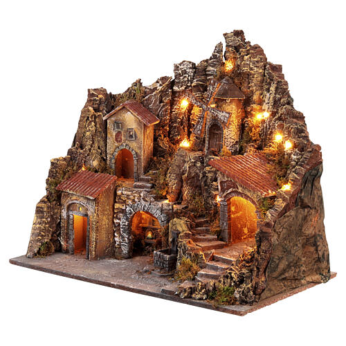 Pueblo 60x35x50 cm Iluminado con horno molino y fuente belén napolitano de 8-10 cm, 3
