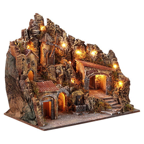 Pueblo 60x35x50 cm Iluminado con horno molino y fuente belén napolitano de 8-10 cm, 5