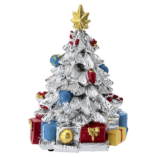 Christmas tree music box in silver and enamel with gifts by Bagutta, 6 in 3