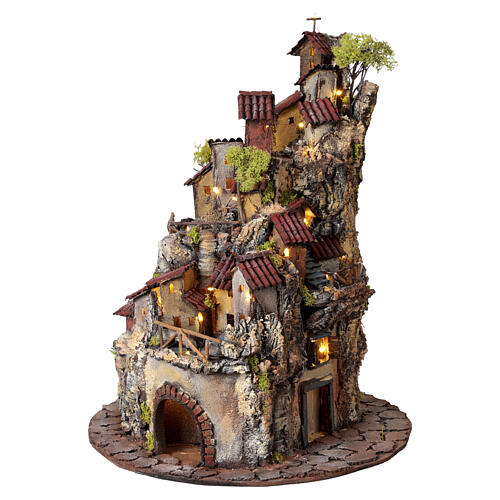 Scena presepe tondo 65x40 cm filo luce led bianco caldo presepe napoletano 6 cm 6