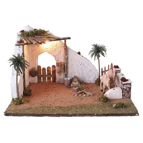 Capanna cammelli e fuoco stile orientale 20x40x30 cm presepe napoletano 10 cm 1