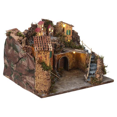 Lighted village with houses 25x35x35 cm Neapolitan nativity scene 8-10 cm 3
