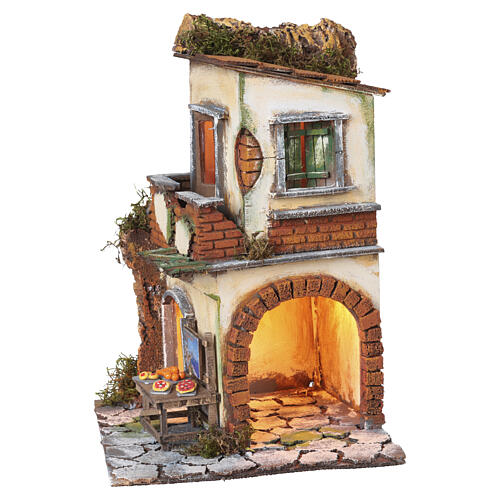 Casa estilo 1700 iluminada com forno de pizza 35x25x25 cm para presépio napolitano 10 cm 3