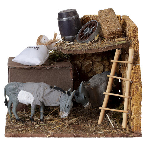 Donkeys in stable scenery with motion, 10x15x15 cm, for 8-10 cm Neapolitan Nativity Scene 1