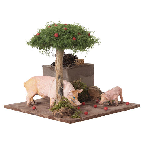 Scena movimento maiali che mangiano 15x15x15 cm presepe napoletano 12 cm 2