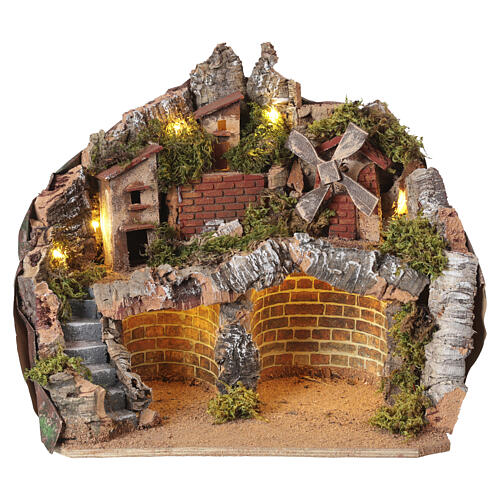 Borgo con mulino incavature 35x40x30 cm illuminato presepe napoletano 10 cm 1