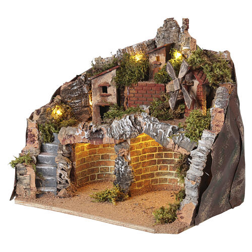 Borgo con mulino incavature 35x40x30 cm illuminato presepe napoletano 10 cm 2