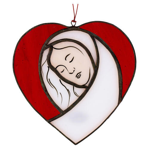 Nossa Senhora em vidro colorido Coração vermelho 10x10 1