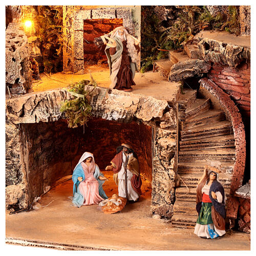 Illuminated Neapolitan Nativity Scene with real fountain for 8 cm figurines, 50x30x40 cm 2