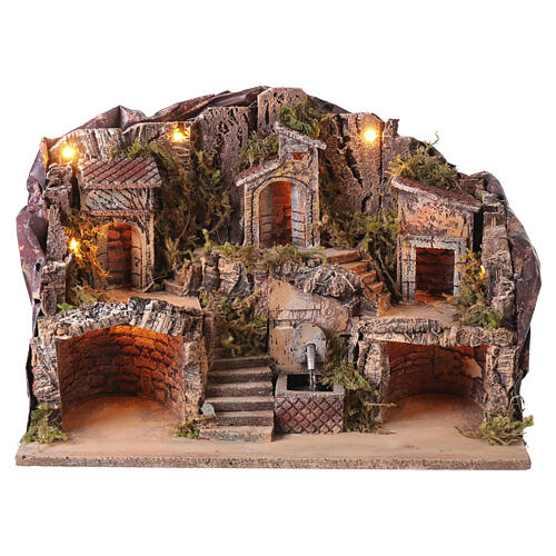Illuminated Neapolitan Nativity Scene with real fountain for 8 cm figurines, 50x30x40 cm 6