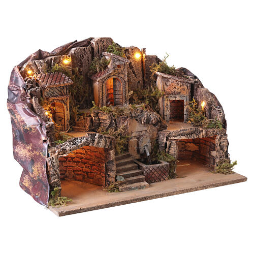 Illuminated Neapolitan Nativity Scene with real fountain for 8 cm figurines, 50x30x40 cm 7