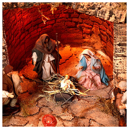Presepe napoletano completo statue 10 cm fontana mulino luci 80X100X60 cm 2