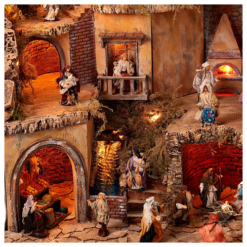 Presepe napoletano completo statue 10 cm fontana mulino luci 80X100X60 cm 3