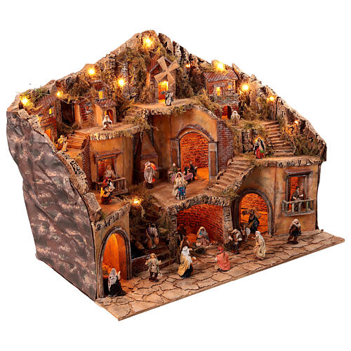 Presepe napoletano completo statue 10 cm fontana mulino luci 80X100X60 cm 4