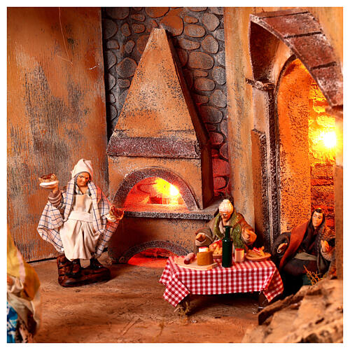 Presepe napoletano completo statue 10 cm fontana mulino luci 80X100X60 cm 5