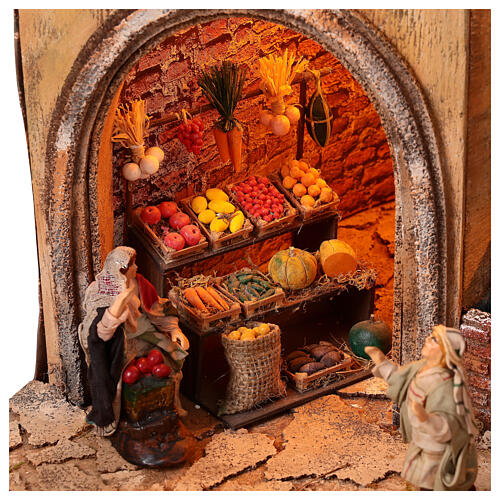Presepe napoletano completo statue 10 cm fontana mulino luci 80X100X60 cm 6