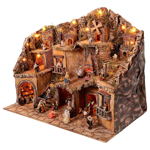 Presepe napoletano completo statue 10 cm fontana mulino luci 80X100X60 cm 7