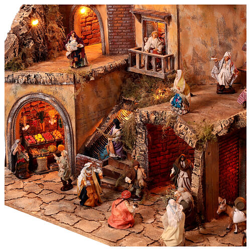 Presepe napoletano completo statue 10 cm fontana mulino luci 80X100X60 cm 8