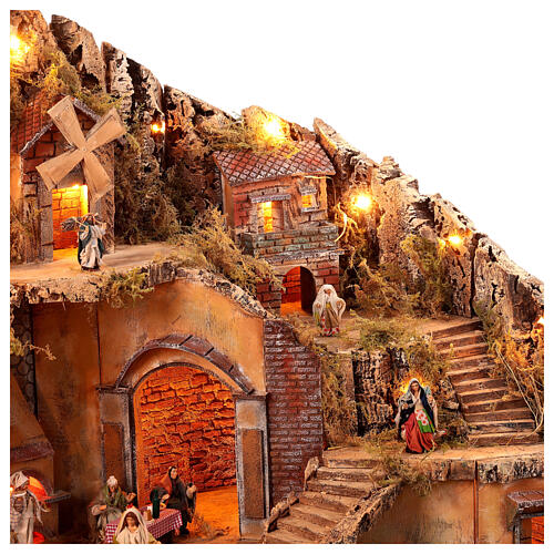 Presepe napoletano completo statue 10 cm fontana mulino luci 80X100X60 cm 9