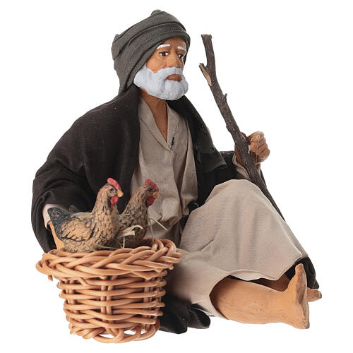 Arabischer Mann mit Korb und Hühnern aus Terrakotta, für 12–14 cm Krippe im neapolitanischen Stil 2