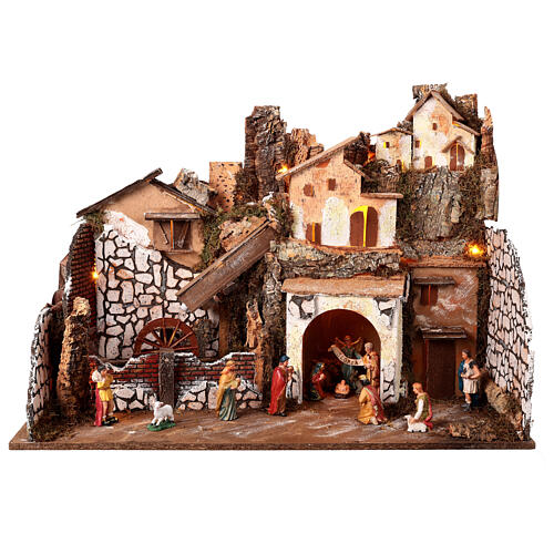 Illuminated setting with fountain and mill for 10 cm Nativity Scene, 75x40x55 cm 1