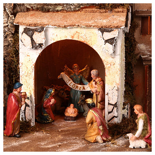 Illuminated setting with fountain and mill for 10 cm Nativity Scene, 75x40x55 cm 2