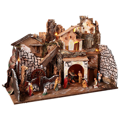 Illuminated setting with fountain and mill for 10 cm Nativity Scene, 75x40x55 cm 3