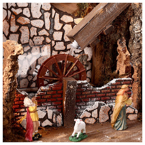 Illuminated setting with fountain and mill for 10 cm Nativity Scene, 75x40x55 cm 4