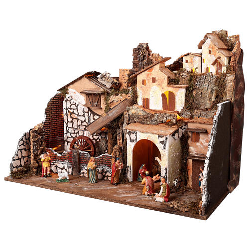 Illuminated setting with fountain and mill for 10 cm Nativity Scene, 75x40x55 cm 5