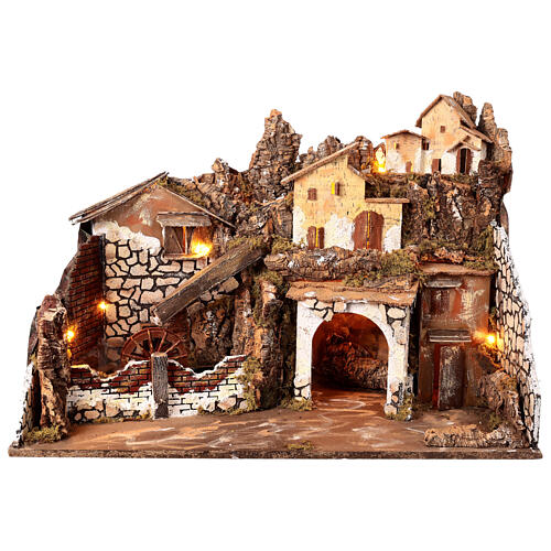 Illuminated setting with fountain and mill for 10 cm Nativity Scene, 75x40x55 cm 6