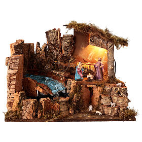 Illuminated stable with electric waterfall for 10-12 cm Nativity Scene, 50x25x35 cm