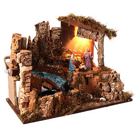 Illuminated stable with electric waterfall for 10-12 cm Nativity Scene, 50x25x35 cm