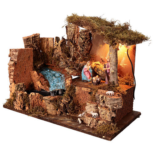 Illuminated stable with electric waterfall for 10-12 cm Nativity Scene, 50x25x35 cm 4