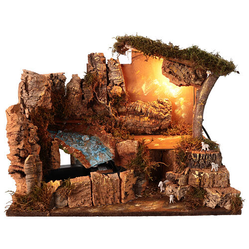 Illuminated stable with electric waterfall for 10-12 cm Nativity Scene, 50x25x35 cm 6