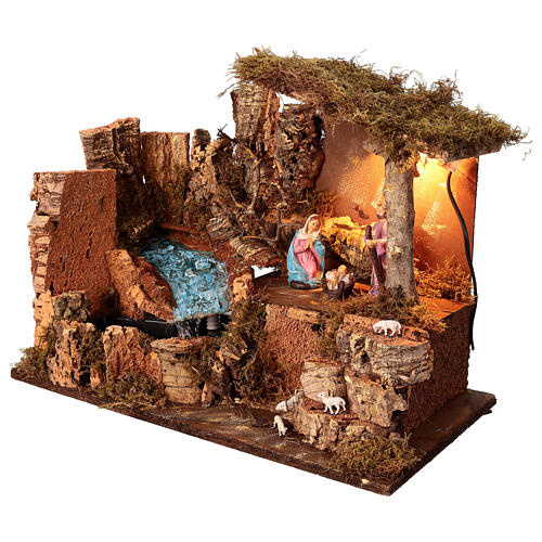 Illuminated stable 50x26x36 cm with working waterfall nativity 10-12 cm 4