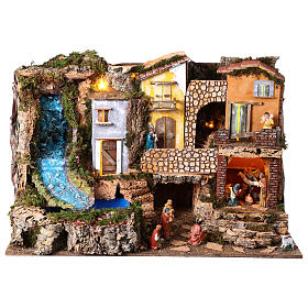 Stable with waterfall and figurines for 6-12 cm Nativity Scene, 50x80x50 cm