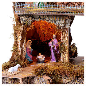 Nativity with houses, lights and waterfall, 45x60x35 cm, for characters of 10 cm