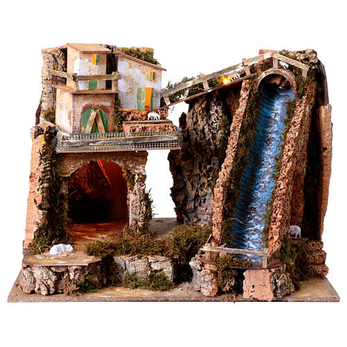 Nativity with houses, lights and waterfall, 45x60x35 cm, for characters of 10 cm 6