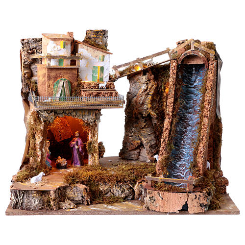 Presepe con natività luce e cascata 45x60x35 cm presepe 10 cm 1