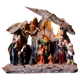 Setting with Nativity, 20x22x5 cm, resin statues of 14-16 cm with LED lights