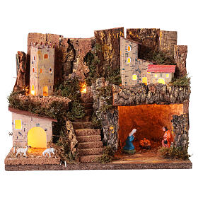 Borgo con natività presepe 5 cm luci 30x25x20 cm