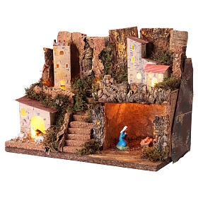 Borgo con natività presepe 5 cm luci 30x25x20 cm