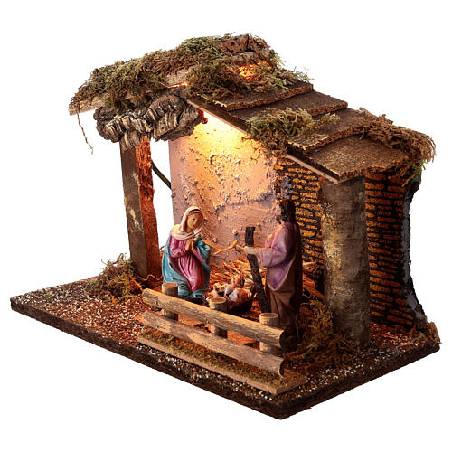 Stable with Nativity Scene of 10-12 cm, lights and figurines, 25x30x20 cm 3