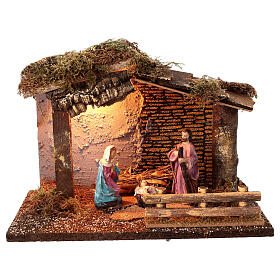 Cabane avec lumières et statues 25x30x20 cm Nativité crèche 10-12 cm