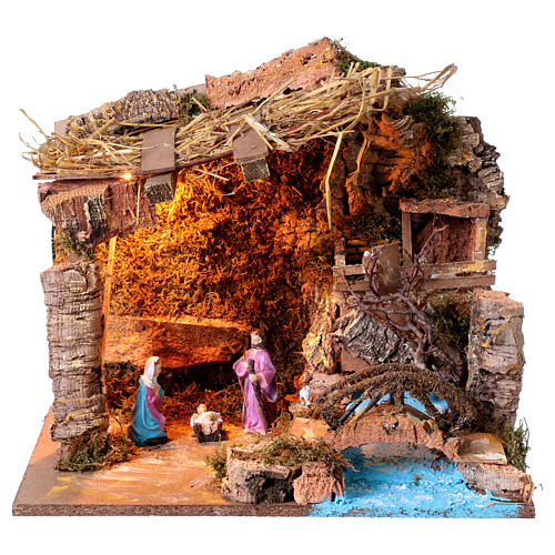 Capanna natività con luce 35x45x30 cm presepe 10-12 cm 1
